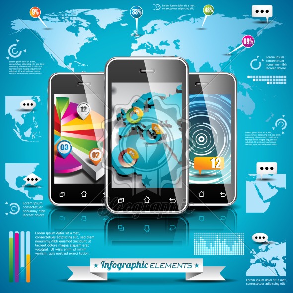 Vector design set of infographic elements. World map and information graphics on mobile phone. EPS 10 illustration