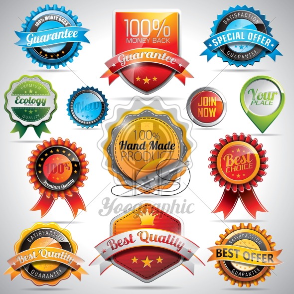 Vector set of labels and badges illustration with shiny styled design on a clear background.