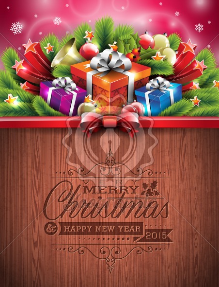 Engraved Merry Christmas and Happy New Year typographic design with holiday elements on wood texture background. EPS 10 Vector illustration.