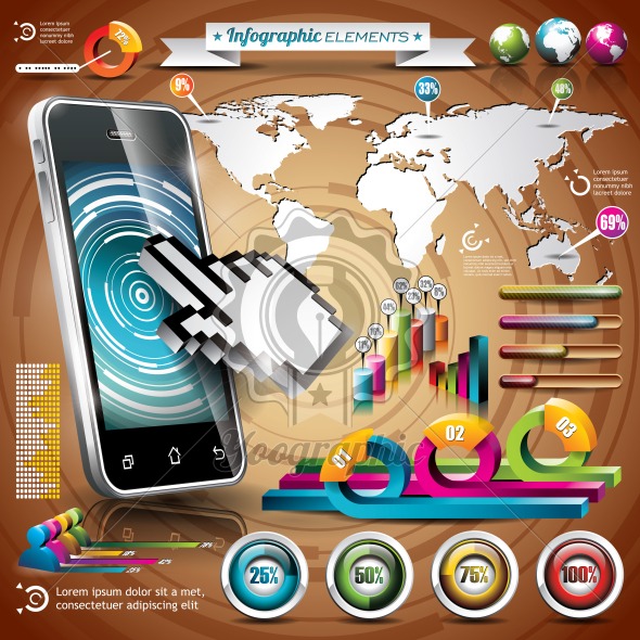 Vector design set of infographic elements. World map and information graphics on mobile phone.