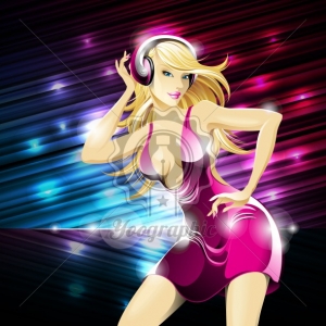 Vector party illustration about a beautiful sexy woman on a music and disco theme. She is dancing and listening music with headphone.Eps 10.