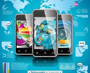 Vector design set of infographic elements. World map and information graphics on mobile phone. EPS 10 illustration