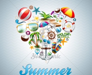 Vector Love Heart Summer Holiday design set on wave background. Eps10 illustration.